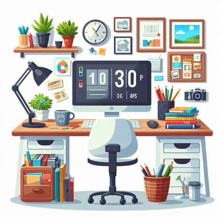 Workplace in office. Workplace with computer, books, stationery and other items. Vector illustration.のイラスト素材