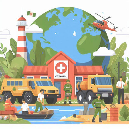 Vector illustration of emergency and rescue services. Rescue helicopter, ambulance, fire department, truck, ambulance.のイラスト素材