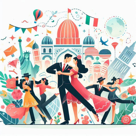 Couple dancing tango in front of famous landmarks. Vector illustrationのイラスト素材