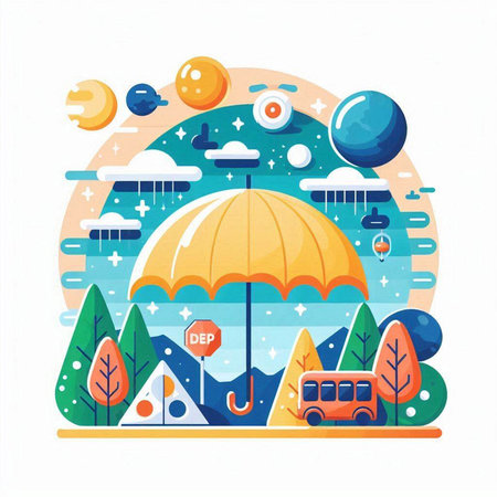 Vector illustration of a flat design of the city landscape with an umbrella.のイラスト素材