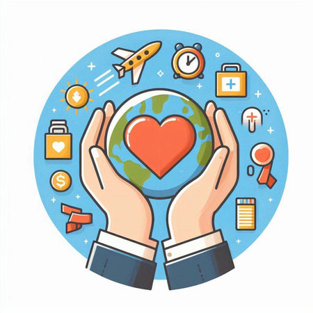 Hands holding a globe with a heart symbol. Vector illustration.のイラスト素材