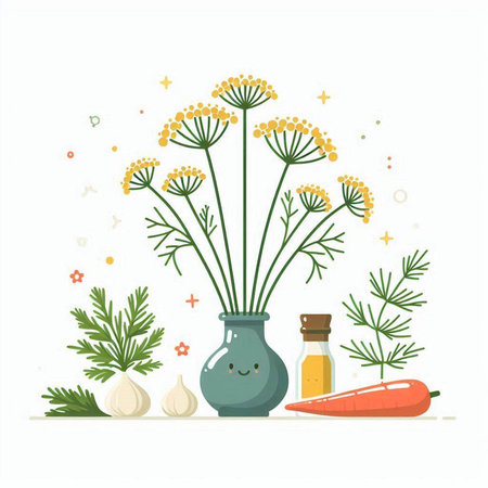 Flowering dill in a vase, garlic and carrots, vector illustrationのイラスト素材