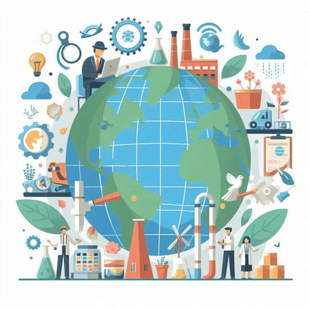 Ecology and environment concept. Vector flat cartoon illustration with people, globe, wind turbines, solar panels and other elements.のイラスト素材