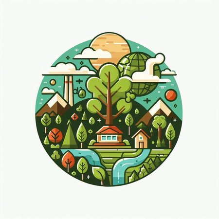 Vector illustration of eco-friendly city landscape with forest, river, houses, trees and hills.のイラスト素材