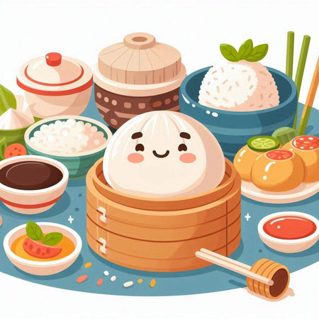 Cartoon illustration of Chinese steamed sticky rice in wooden bowl.のイラスト素材