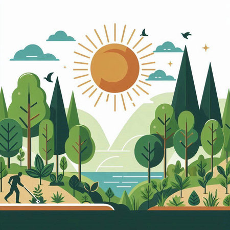 landscape with sun and trees, vector illustration in flat design styleのイラスト素材