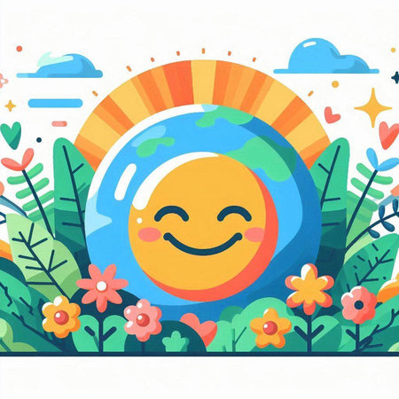 Cute cartoon planet earth with sun and flowers. Vector illustration.のイラスト素材