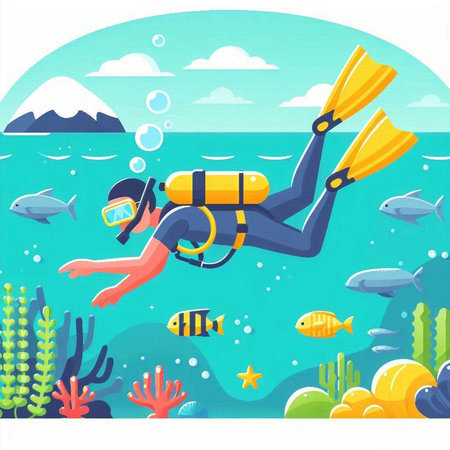 Scuba diving on the seashore. Vector illustration in cartoon styleのイラスト素材