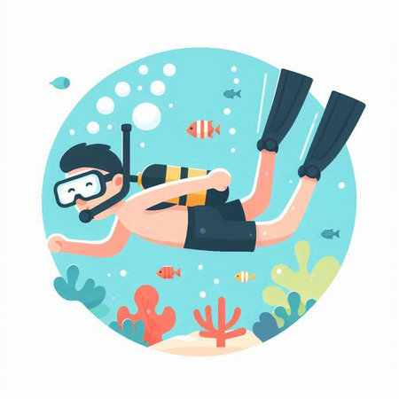 Scuba diving vector illustration. Cartoon scuba diver with mask and flippers swimming underwater.のイラスト素材