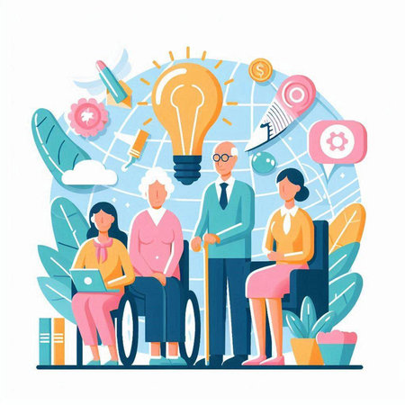 Disabled people vector illustration. Cartoon flat elderly people sitting in wheelchair with lightbulb and reading booksのイラスト素材