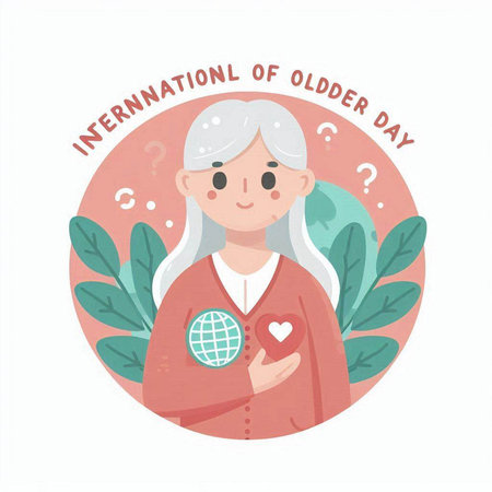 International Day of Older Persons. Aged woman with a globe in her hands. Vector illustration.のイラスト素材