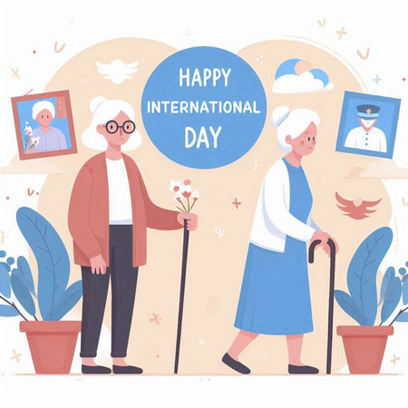 Happy International Day of Older Persons. Elderly couple with walking stick and flowers in pots. Flat vector illustration.のイラスト素材