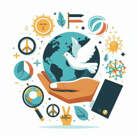 Vector illustration of hand holding Earth globe with travel icons around. Flat design style.のイラスト素材