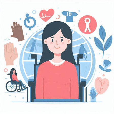 Illustration of a young woman in a wheelchair. Vector illustration.のイラスト素材
