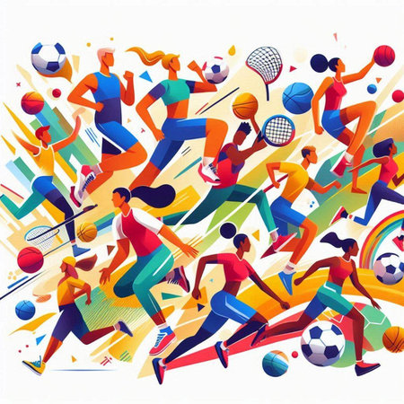 Group of young people playing basketball, volleyball, soccer, football, basketball, tennis, rugby, baseball, basketball. Flat vector illustration.のイラスト素材