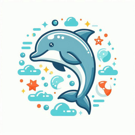 Vector illustration of cute dolphin in the sea with clouds and stars.のイラスト素材