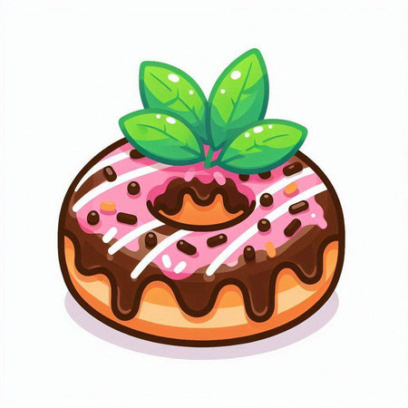 Donut with chocolate glaze and mint leaves. Vector illustration.のイラスト素材