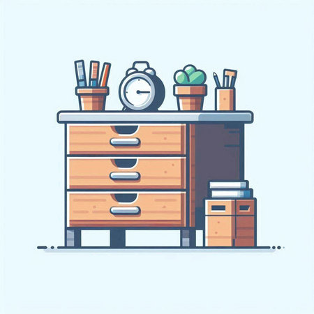 Wooden desk with clock, books and plants. Vector illustration.のイラスト素材