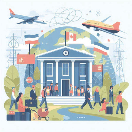 Vector illustration of people going to the airport. Travel and tourism concept.のイラスト素材