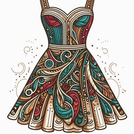 Dress design with ethnic ornaments. Vector hand drawn illustration.のイラスト素材