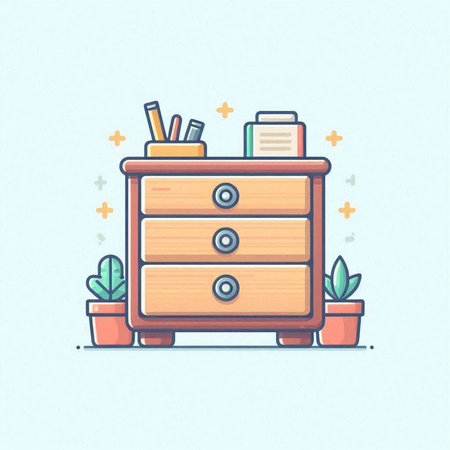 Vector illustration of a wooden chest of drawers with books, pencils and plants.のイラスト素材