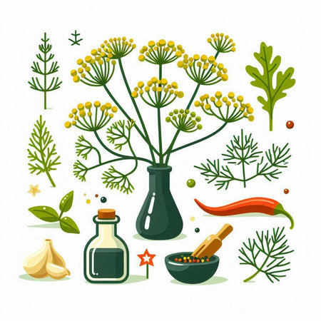 Dill, garlic, pepper, oil and spices. Vector illustration.のイラスト素材
