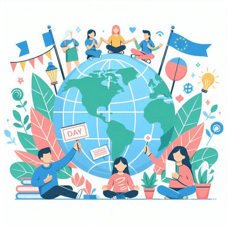 Global communication concept. Group of people sitting in lotus position on the globe. Vector illustrationのイラスト素材