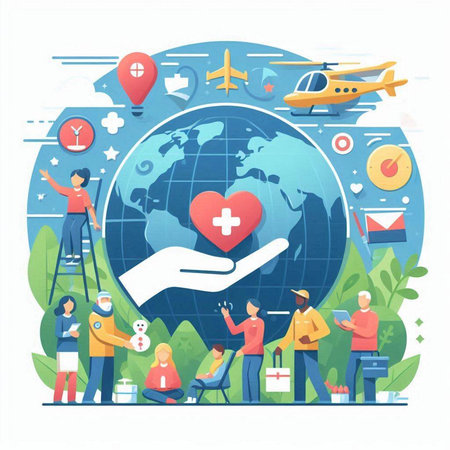 World Health Day concept with people and icons. Flat vector illustration.のイラスト素材