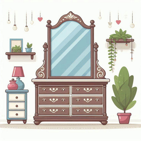 Vector illustration of a dressing room with a mirror and a nightstandのイラスト素材