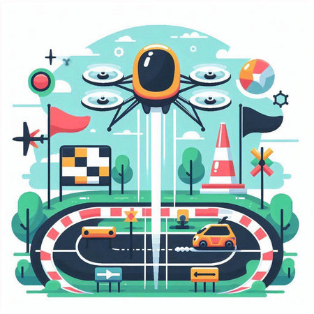 Drone aerial view flat vector illustration. Flying drone on the road.のイラスト素材