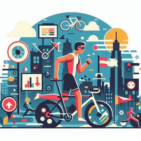 Vector illustration of man riding bicycle in city. Flat style design.のイラスト素材