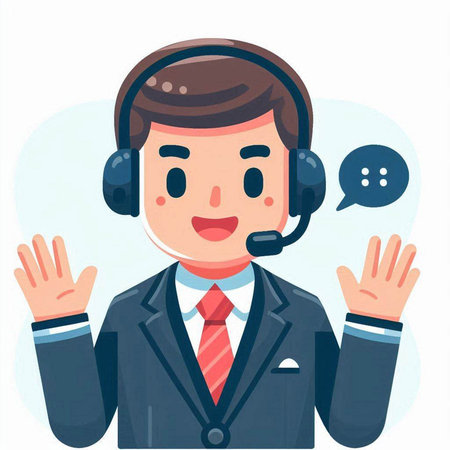 Illustration of a customer service agent wearing a headset and waving his handsのイラスト素材