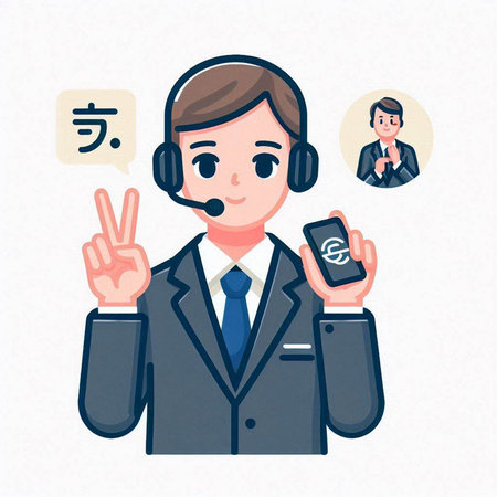 Call center operator with headset and mobile phone. Vector illustration in cartoon style.のイラスト素材