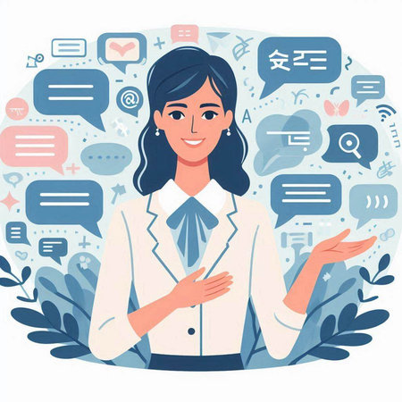 Young business woman with speech bubbles. Vector illustration in flat style.のイラスト素材