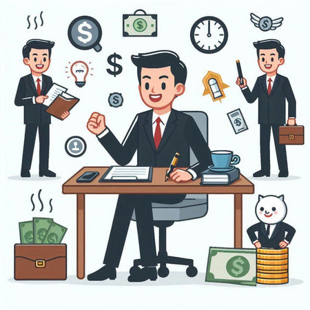 Businessman working at the office. Vector illustration in cartoon style.のイラスト素材