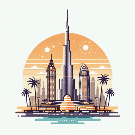 Dubai skyline with skyscrapers and palm trees. Vector illustrationのイラスト素材