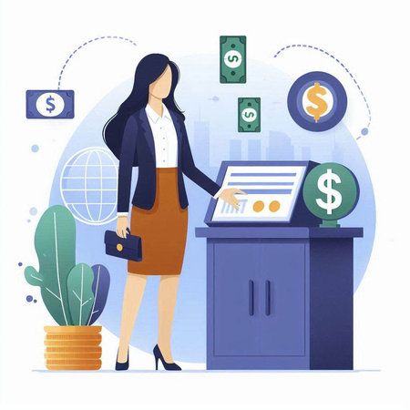 Businesswoman with briefcase and money. Flat design vector illustration.のイラスト素材