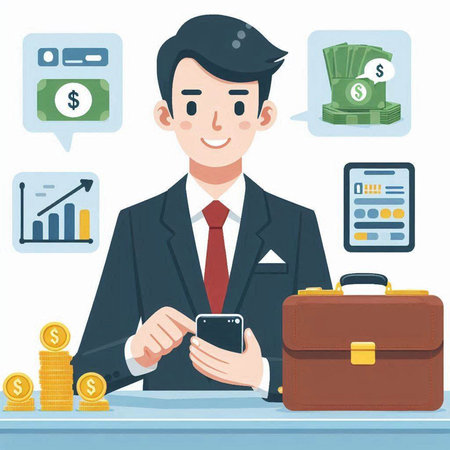 Businessman with mobile phone and money. Vector illustration in flat styleのイラスト素材