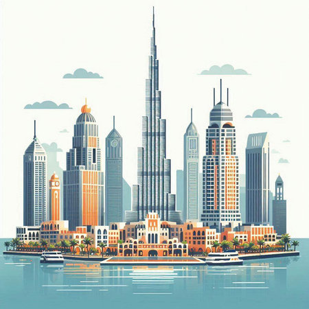 Dubai skyline, United Arab Emirates. Vector illustration in retro styleのイラスト素材