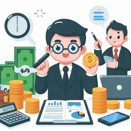 Businessman in the office with a lot of money. Vector illustration.のイラスト素材