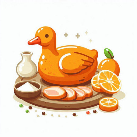 Vector illustration of orange duck, lemon, salt and pepper on white backgroundのイラスト素材