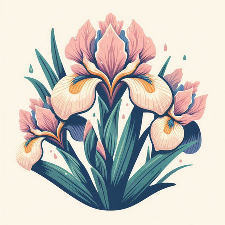Vector illustration of iris flowers in retro style. Floral background.のイラスト素材
