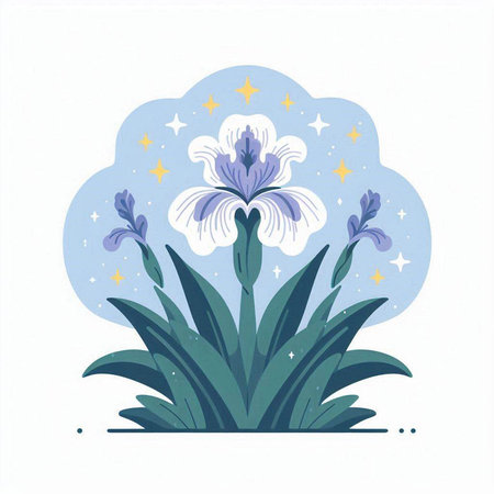 Blue iris flower in the sky. Vector illustration on white background.のイラスト素材