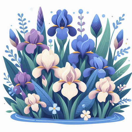 Beautiful floral background with iris flowers and leaves. Vector illustration.のイラスト素材