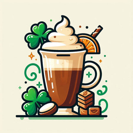 Coffee cup with whipped cream, caramel and clover leaves. Vector illustration.のイラスト素材