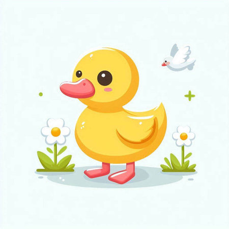 Cute cartoon duckling with flowers and birds. Vector illustration.のイラスト素材
