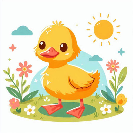 Cute yellow duckling standing in the grass. Vector illustration.のイラスト素材