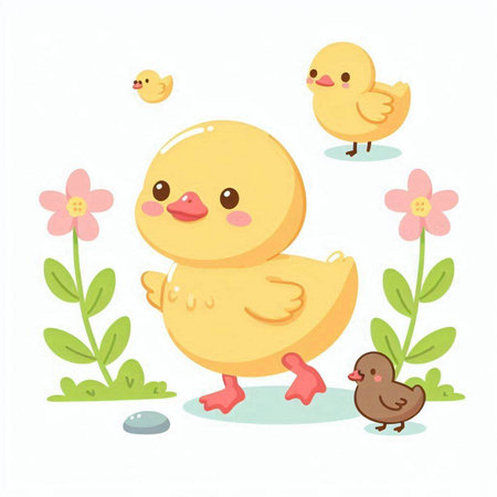 Duckling and little ducklings. Cute cartoon vector illustration.のイラスト素材