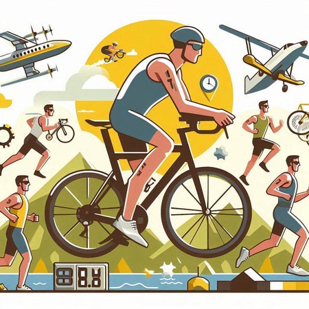 Cyclists and planes on the road. Vector illustration in retro style.のイラスト素材