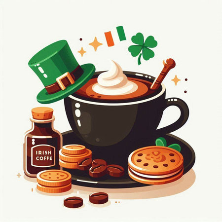 Cup of coffee with cream and leprechaun hat. Vector illustration.のイラスト素材